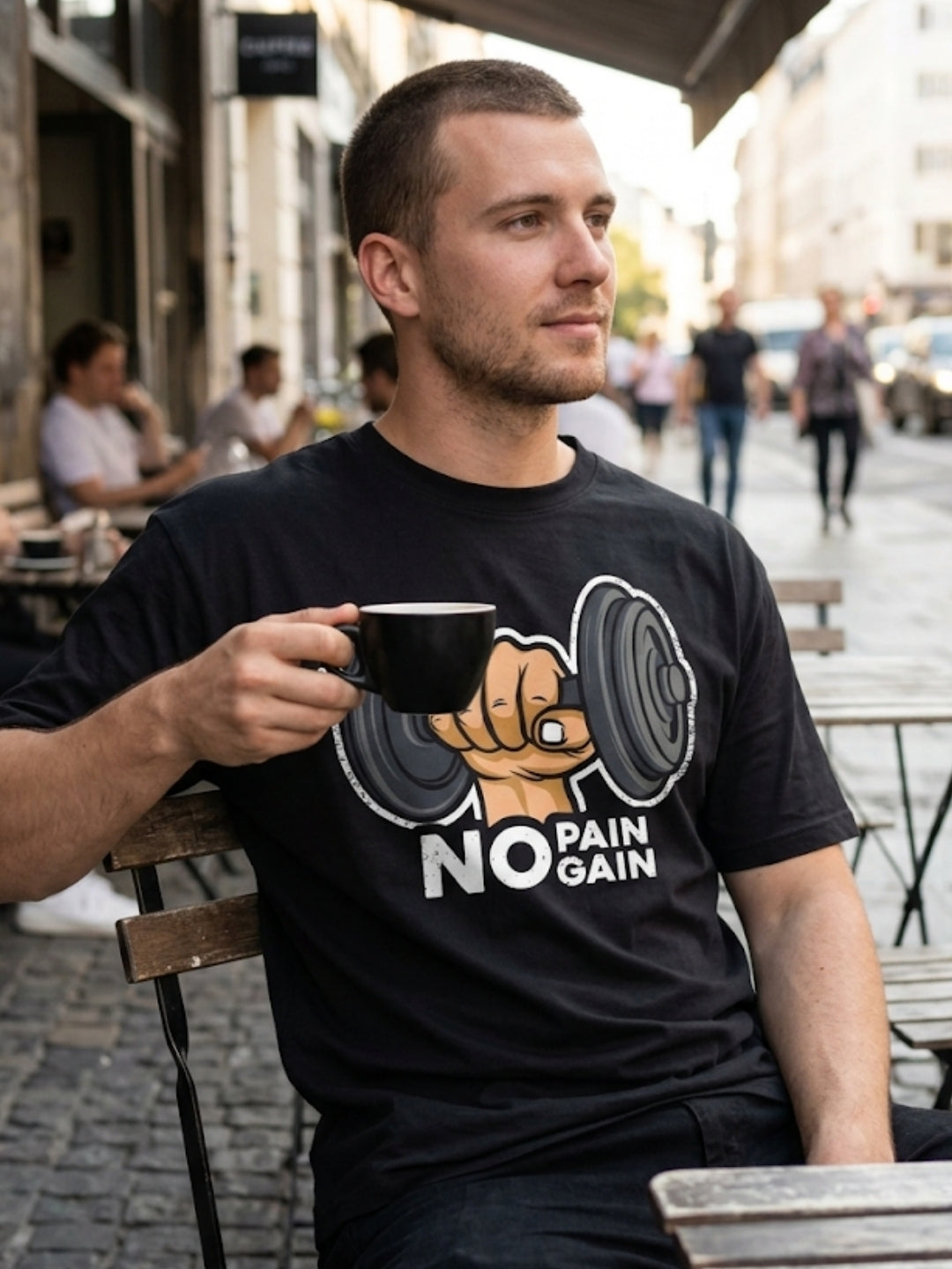 No Pain No Gain Dumbbell Fist Oversized Tee – Men’s Black