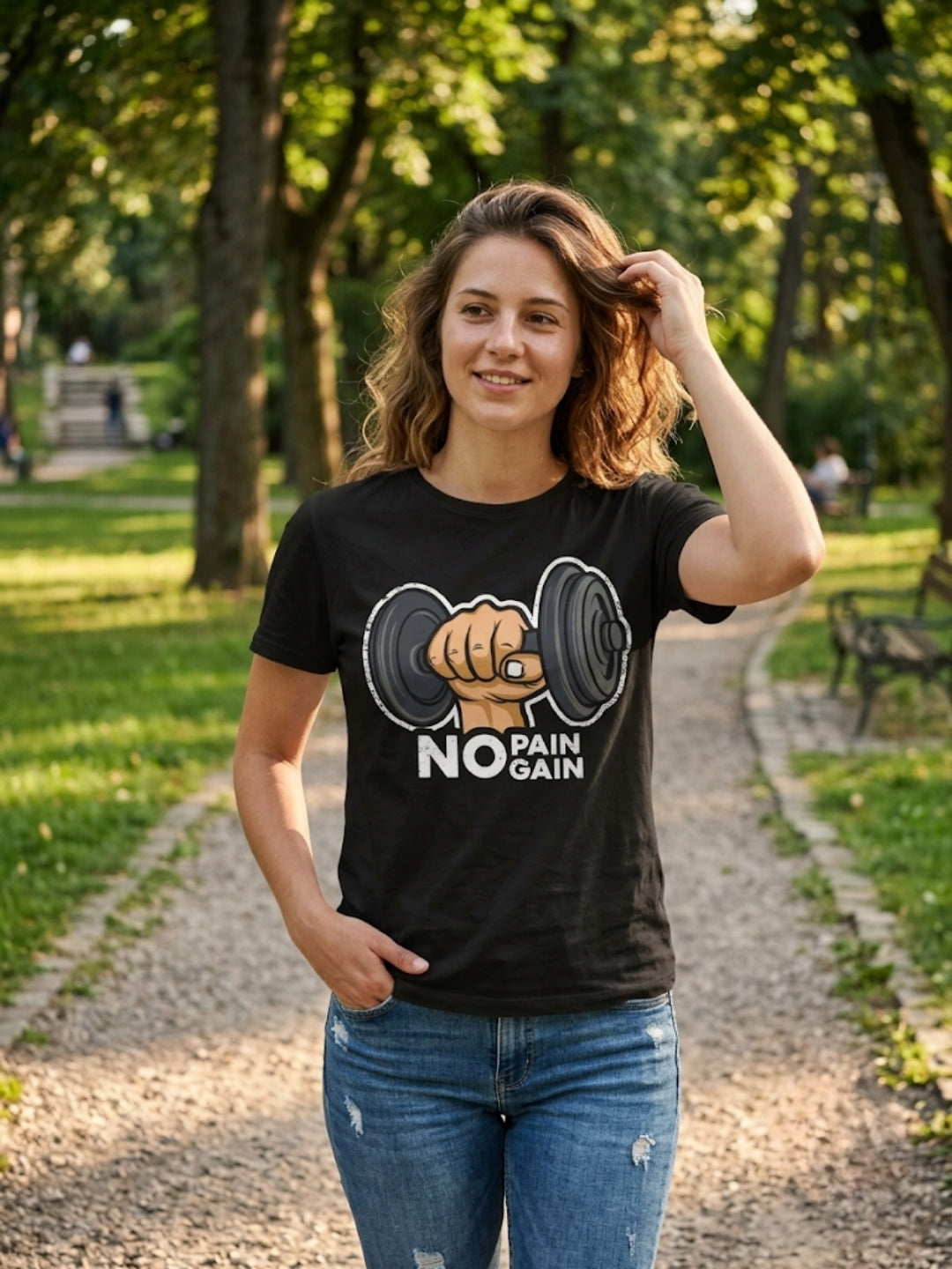 No Pain No Gain Dumbbell Fist Oversized Tee – Women’s Black