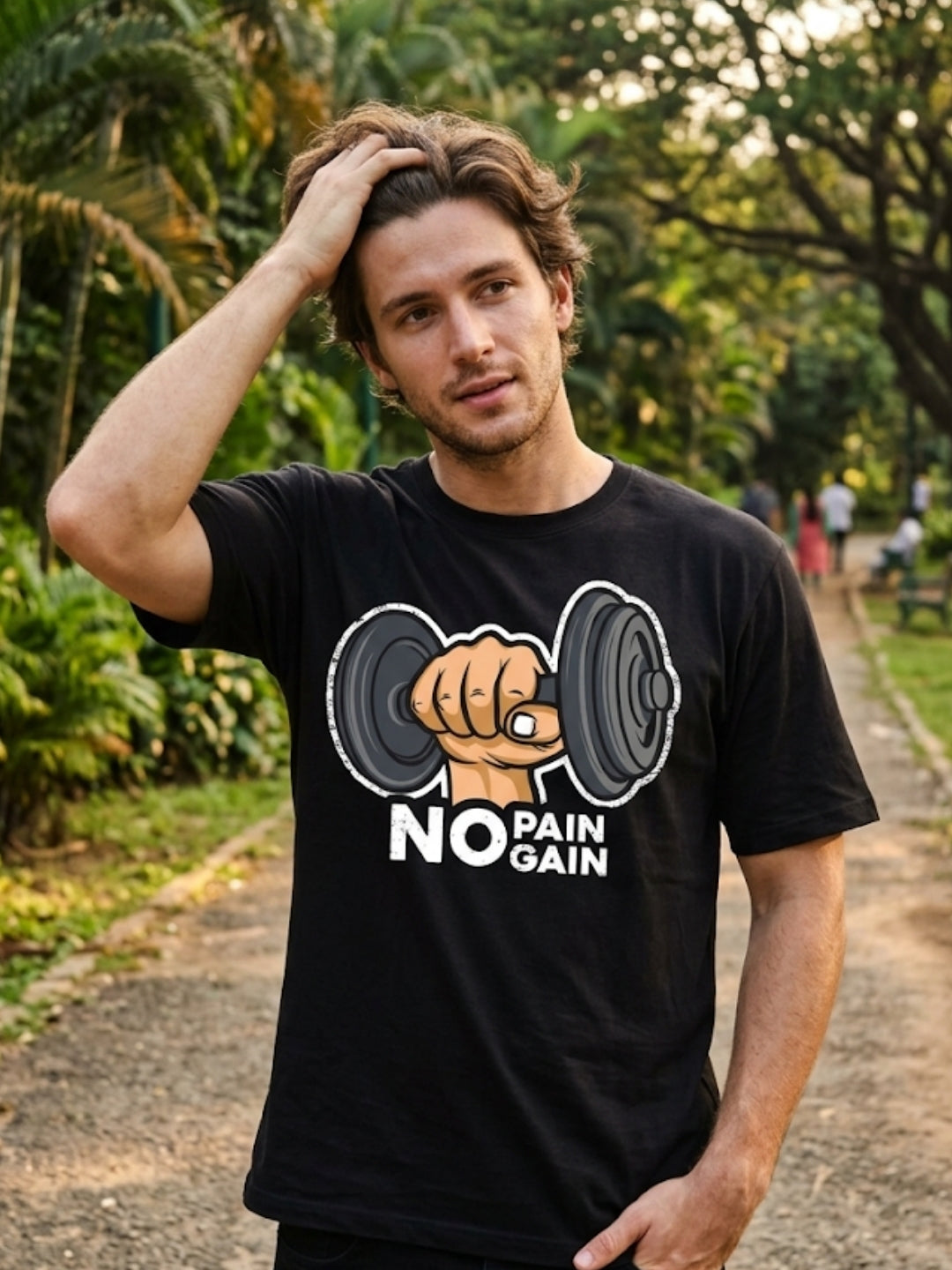 No Pain No Gain Dumbbell Fist Oversized Tee – Men’s Black