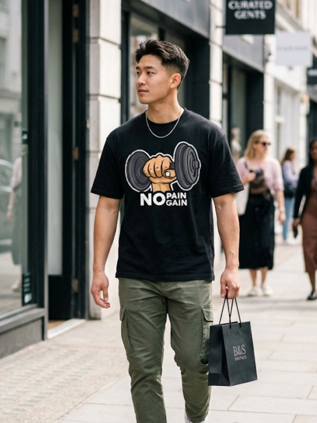 No Pain No Gain Dumbbell Fist Oversized Tee – Men’s Black