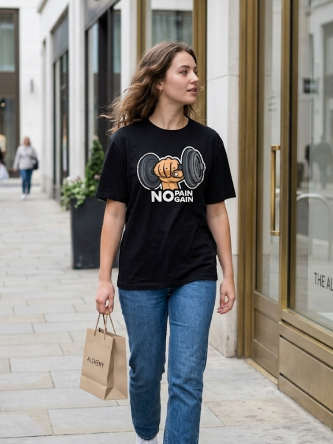 No Pain No Gain Dumbbell Fist Oversized Tee – Women’s Black