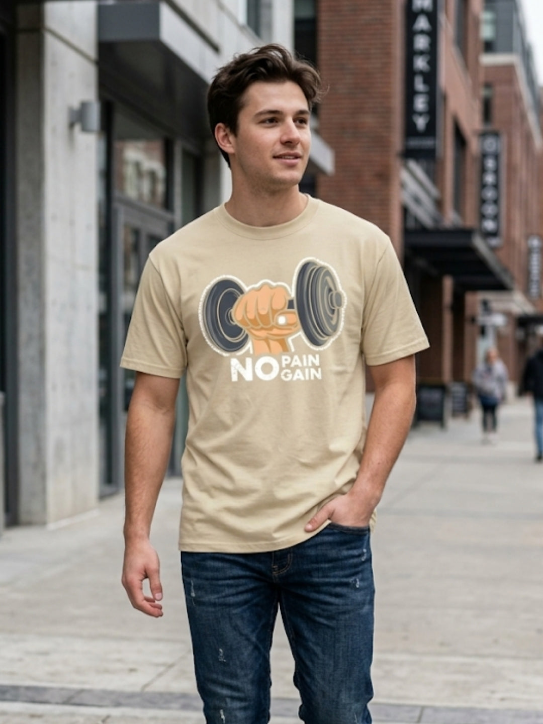 No Pain No Gain Dumbbell Fist Oversized Tee – Men’s Cream