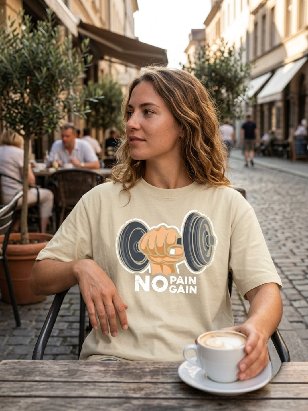 No Pain No Gain Dumbbell Fist Oversized Tee – Women’s Cream