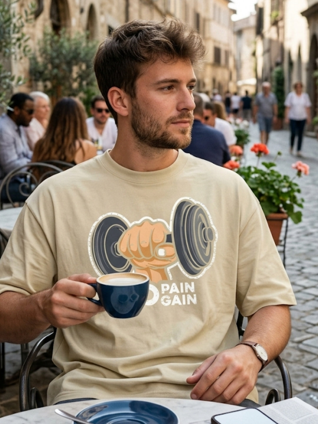 No Pain No Gain Dumbbell Fist Oversized Tee – Men’s Cream