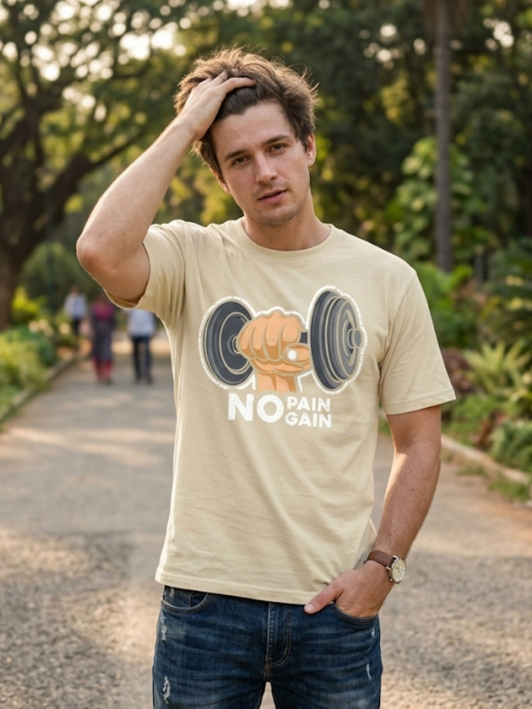 No Pain No Gain Dumbbell Fist Oversized Tee – Men’s Cream
