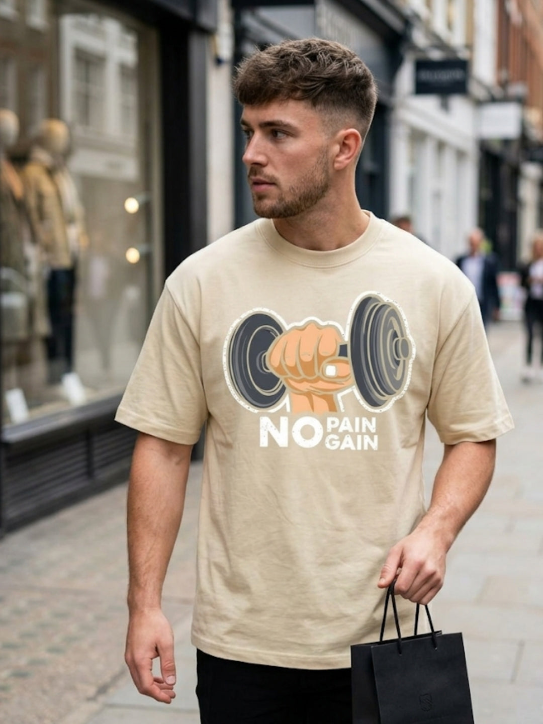 No Pain No Gain Dumbbell Fist Oversized Tee – Men’s Cream
