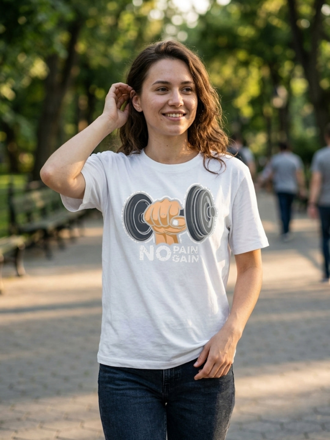 No Pain No Gain Dumbbell Fist Oversized Tee – Women’s White