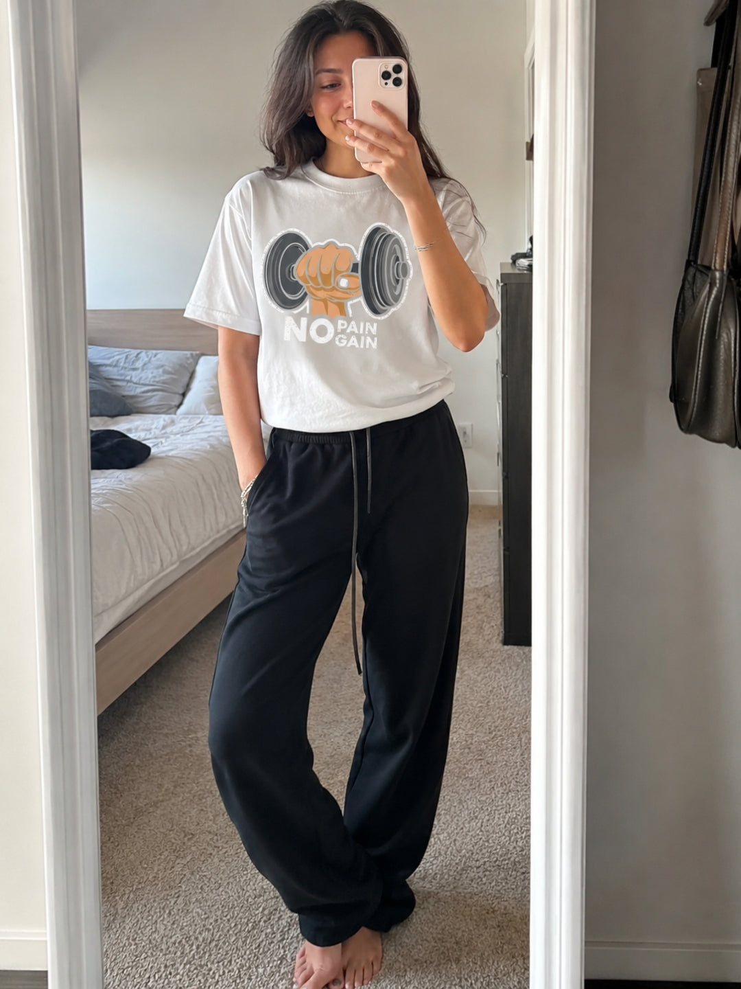 No Pain No Gain Dumbbell Fist Oversized Tee – Women’s White