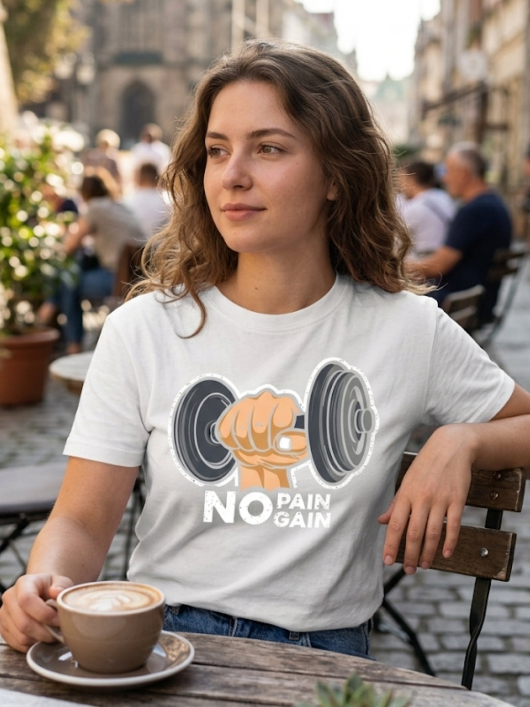 No Pain No Gain Dumbbell Fist Oversized Tee – Women’s White