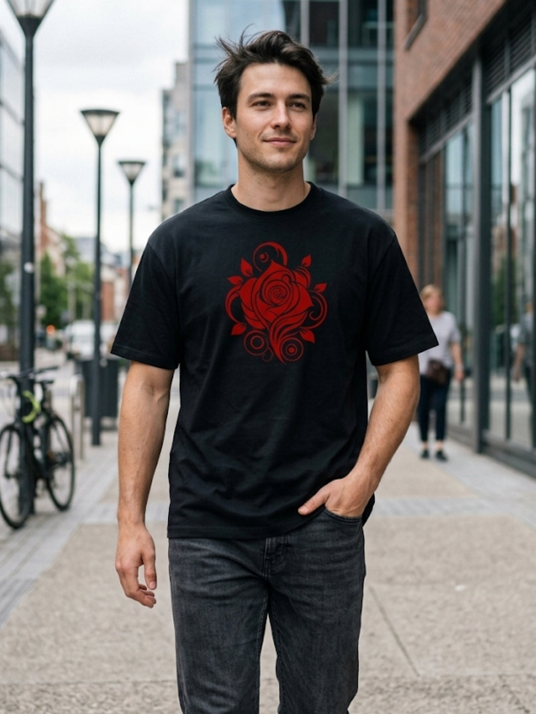 Crimson Rose Swirl Oversized Tee – Men’s Black