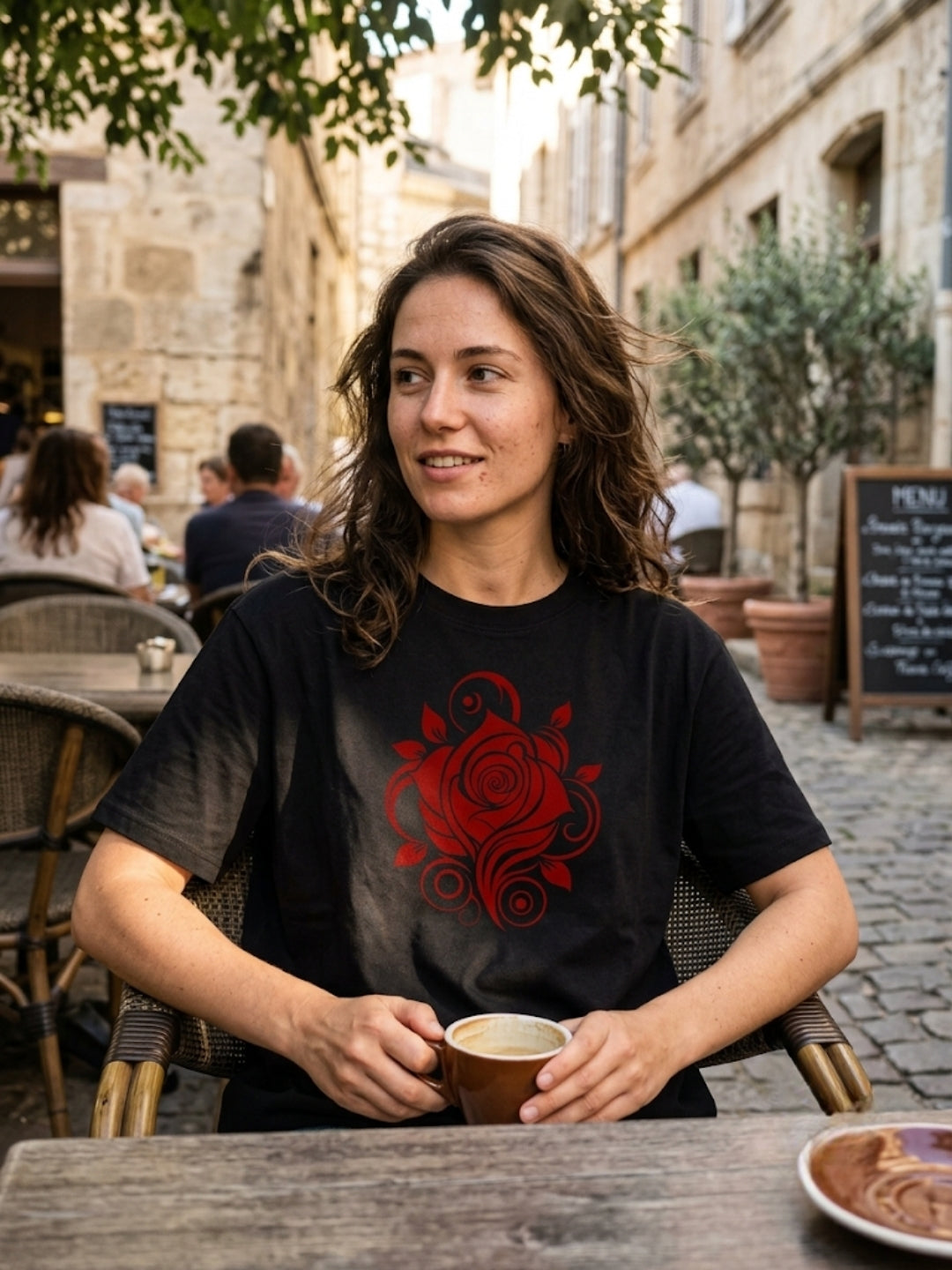 Crimson Rose Swirl Oversized Tee – Women’s Black
