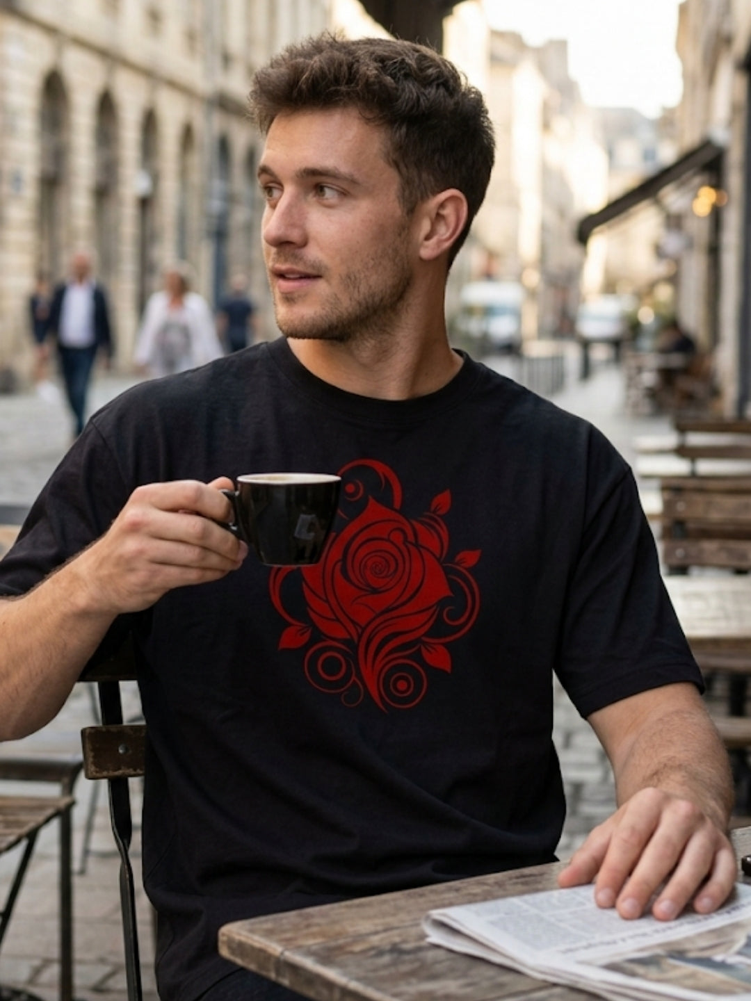 Crimson Rose Swirl Oversized Tee – Men’s Black