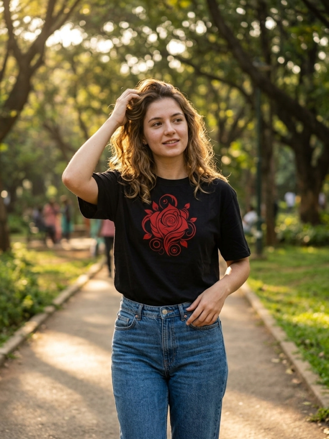 Crimson Rose Swirl Oversized Tee – Women’s Black