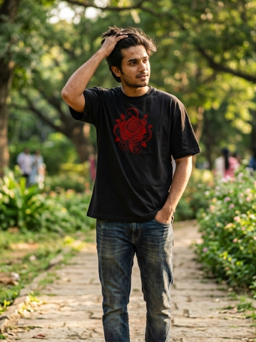 Crimson Rose Swirl Oversized Tee – Men’s Black