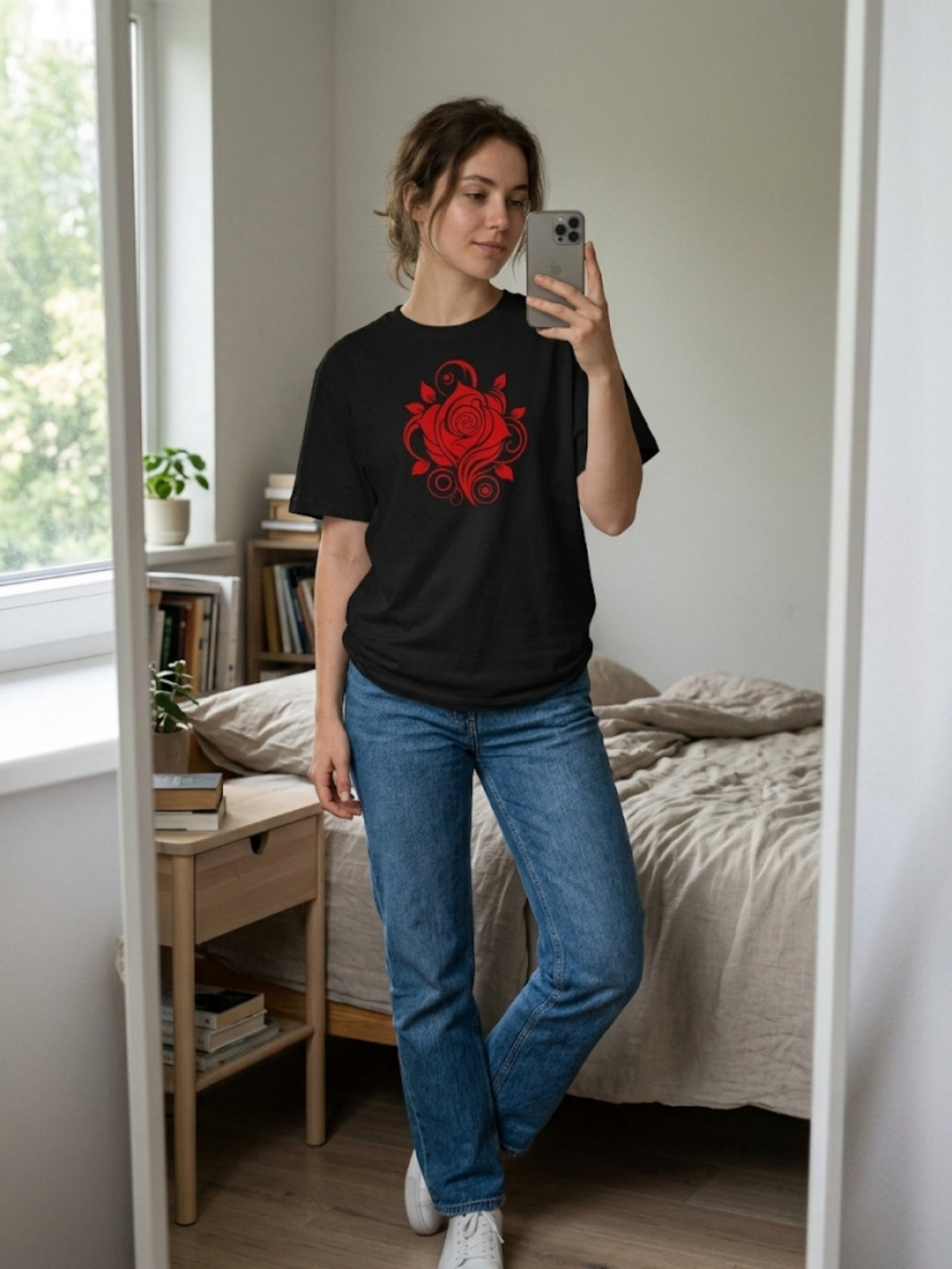 Crimson Rose Swirl Oversized Tee – Women’s Black