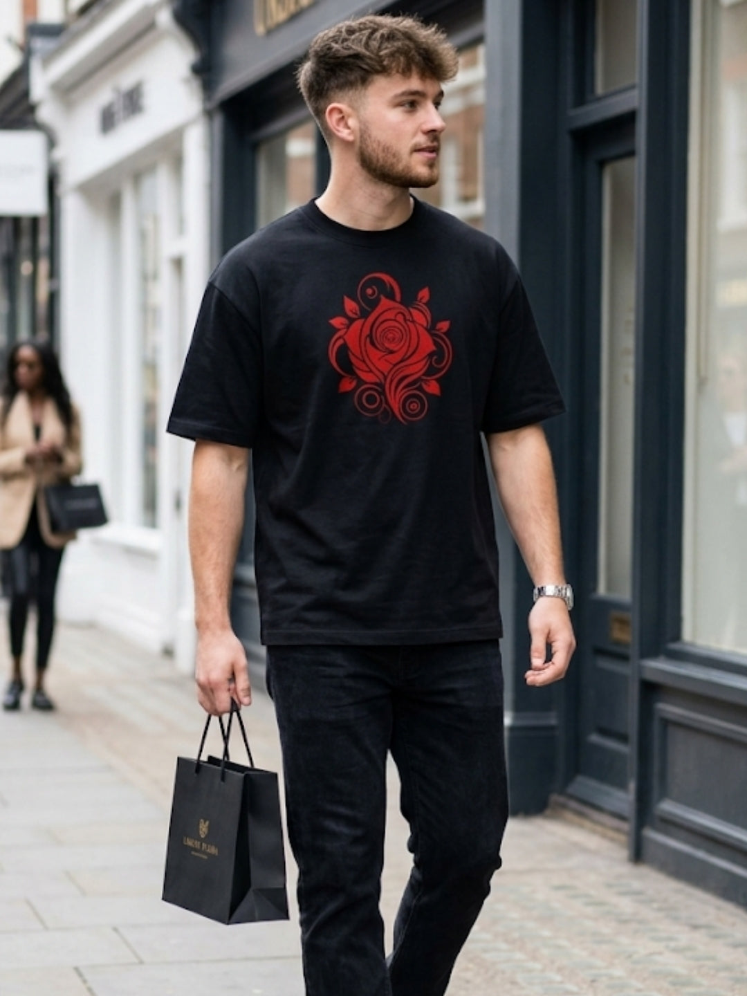 Crimson Rose Swirl Oversized Tee – Men’s Black