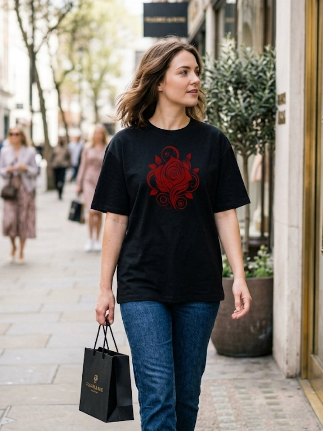Crimson Rose Swirl Oversized Tee – Women’s Black