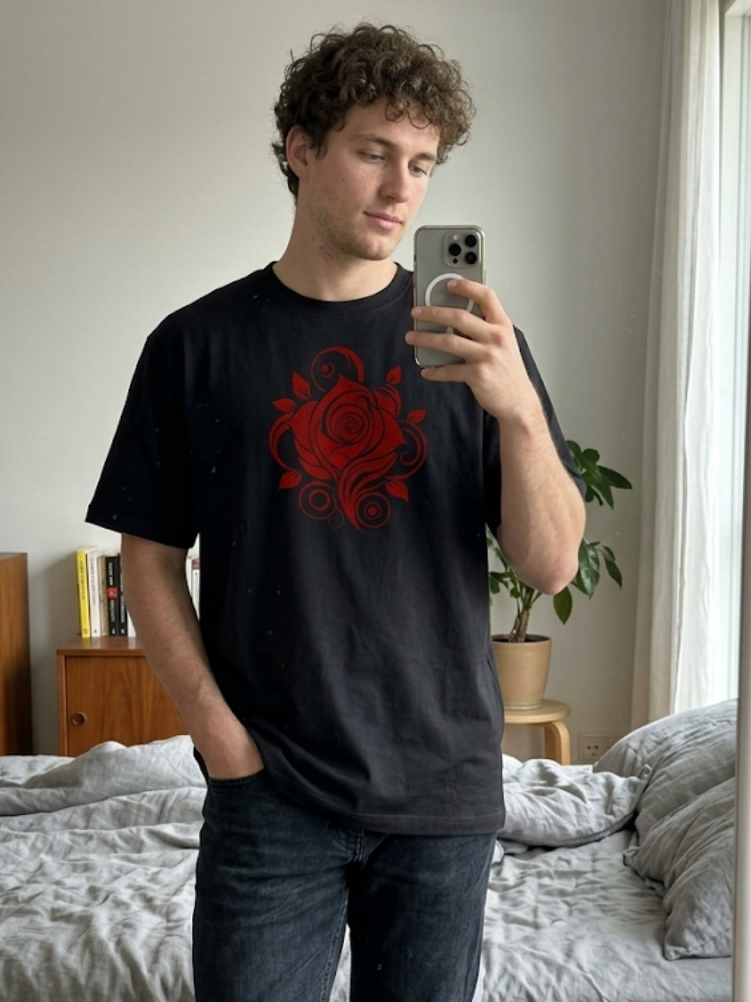 Crimson Rose Swirl Oversized Tee – Men’s Black