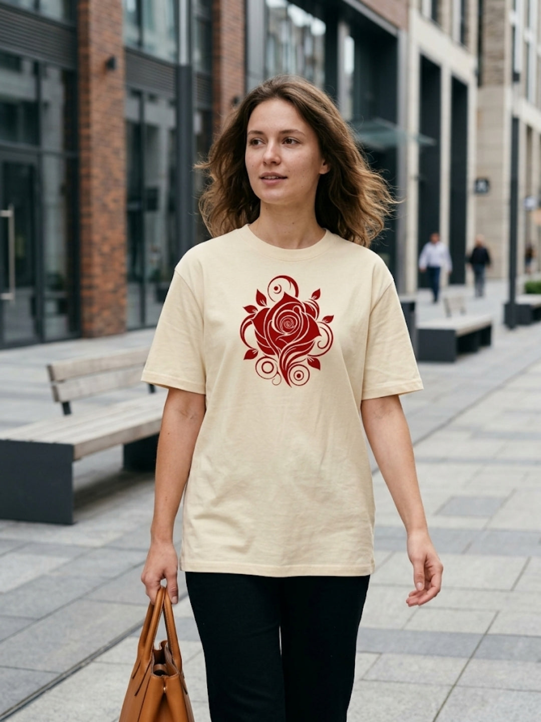 Crimson Rose Swirl Oversized Tee – Women’s Cream