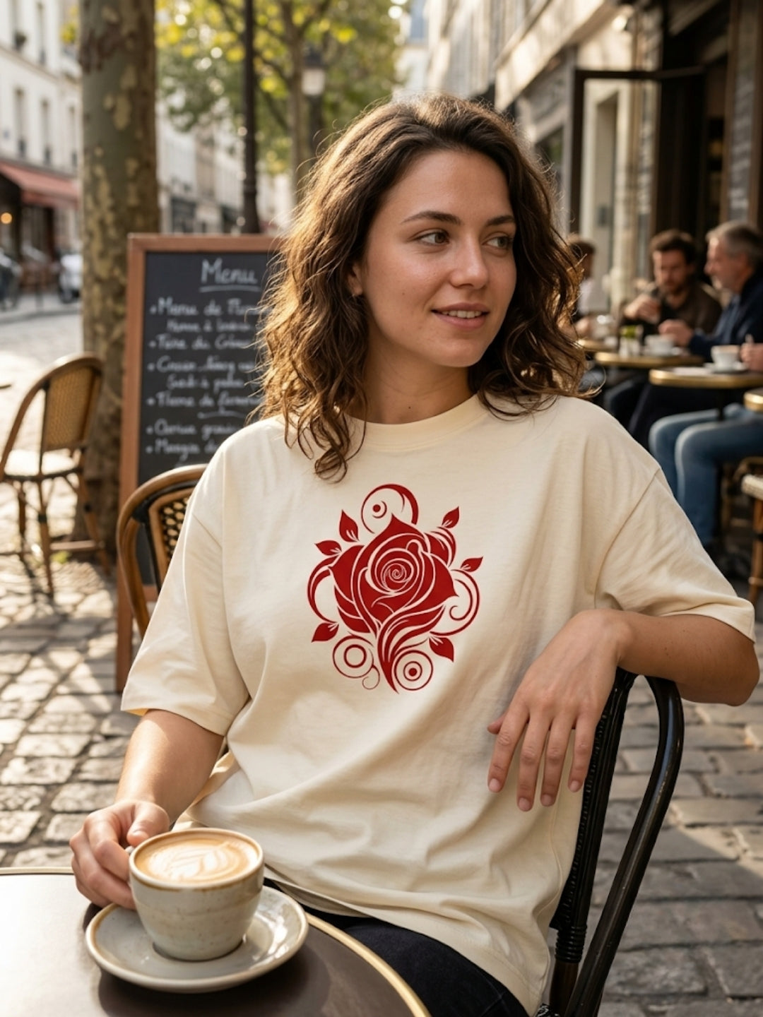 Crimson Rose Swirl Oversized Tee – Women’s Cream
