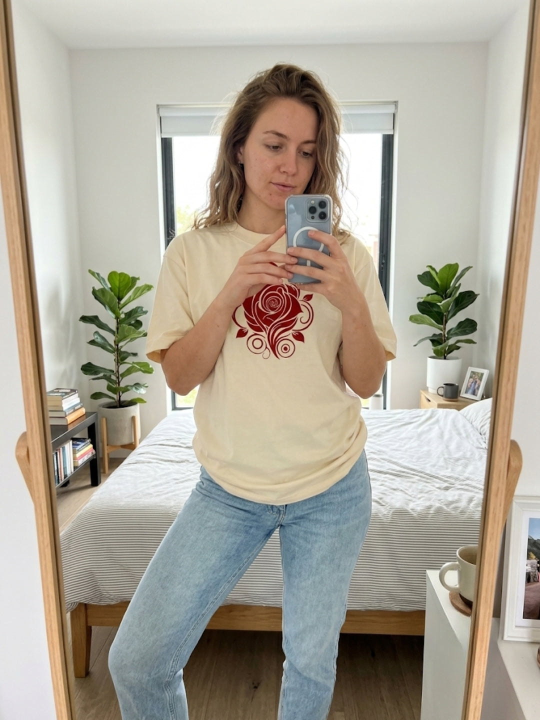 Crimson Rose Swirl Oversized Tee – Women’s Cream