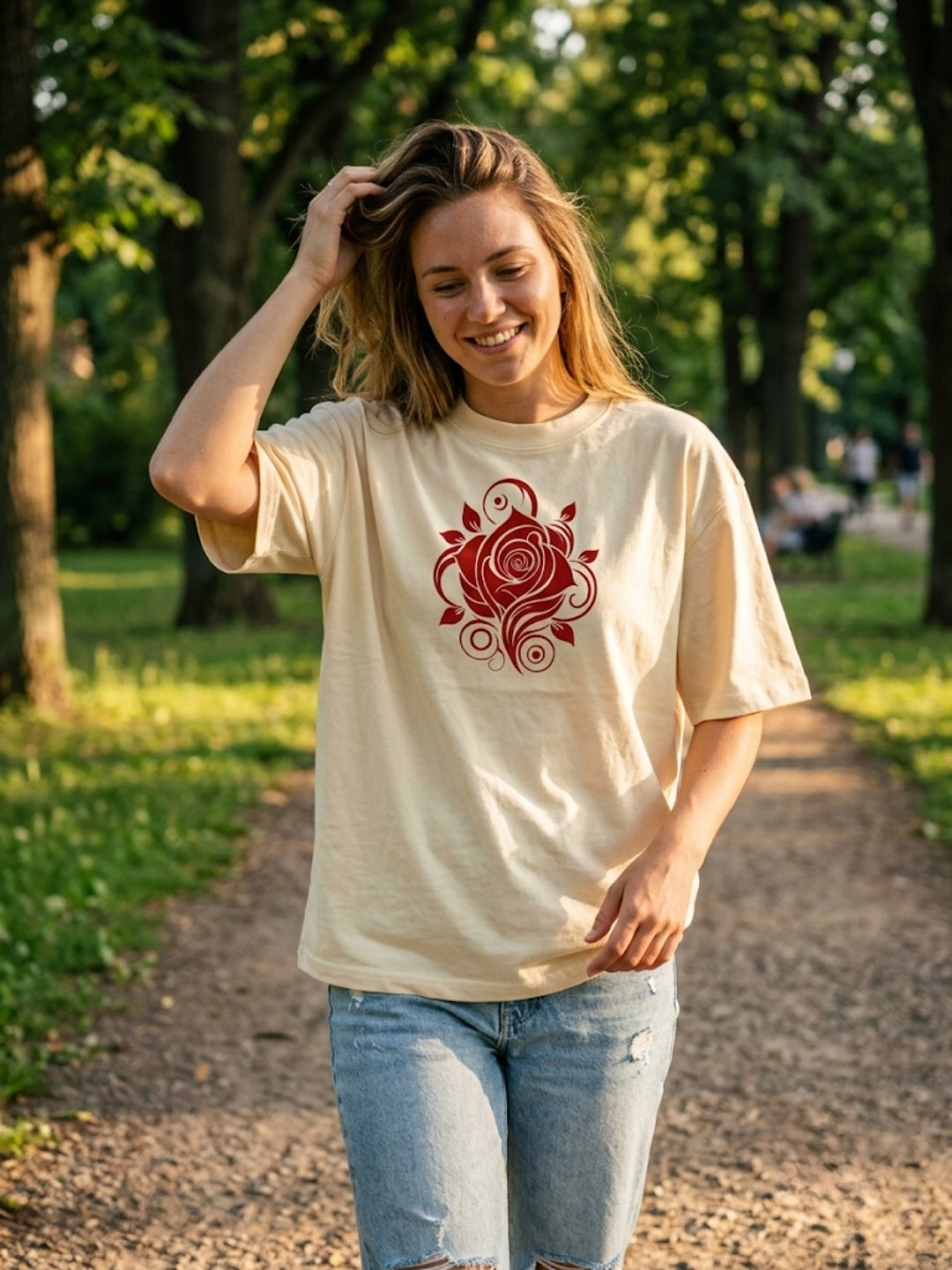 Crimson Rose Swirl Oversized Tee – Women’s Cream
