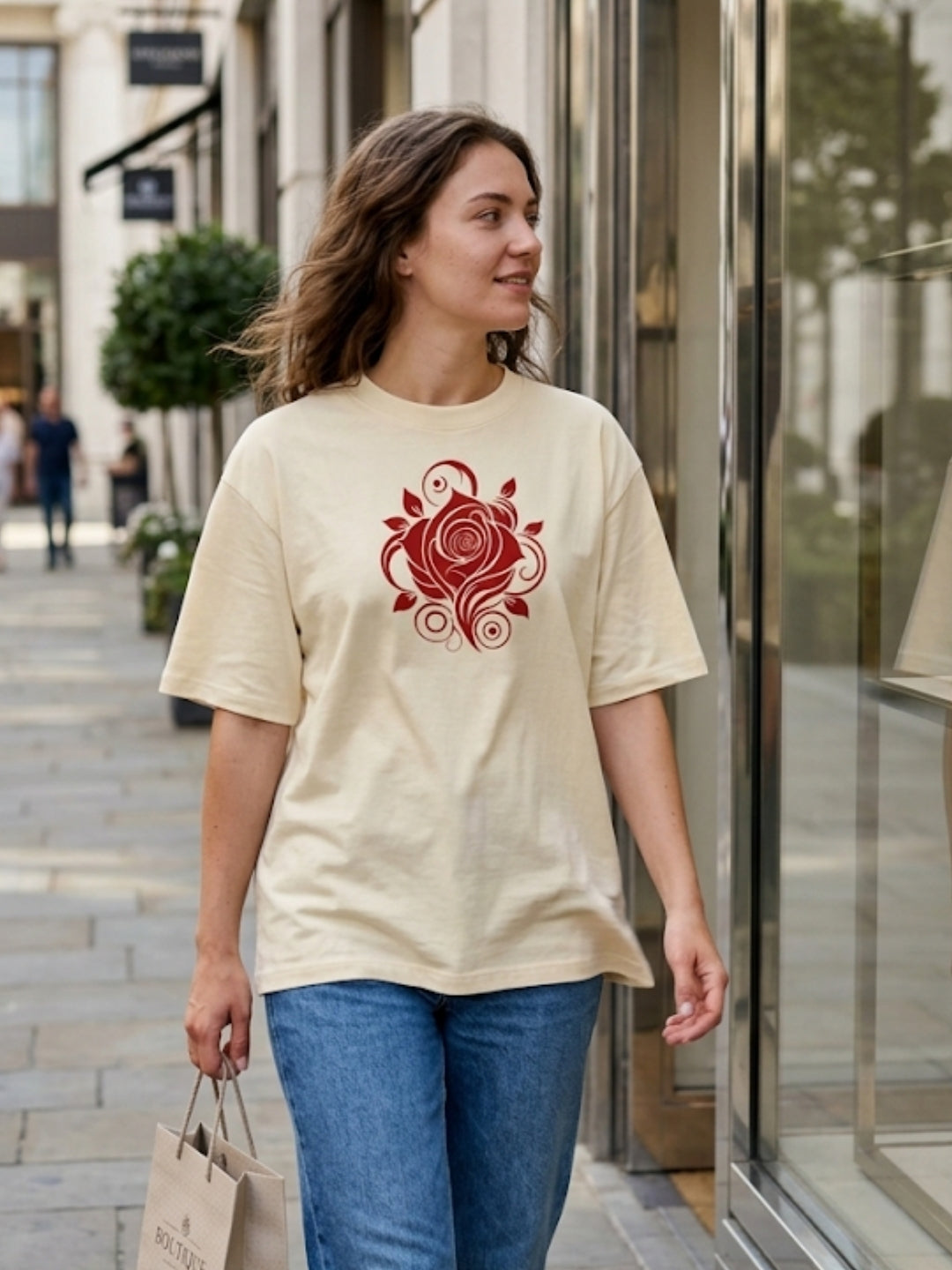 Crimson Rose Swirl Oversized Tee – Women’s Cream