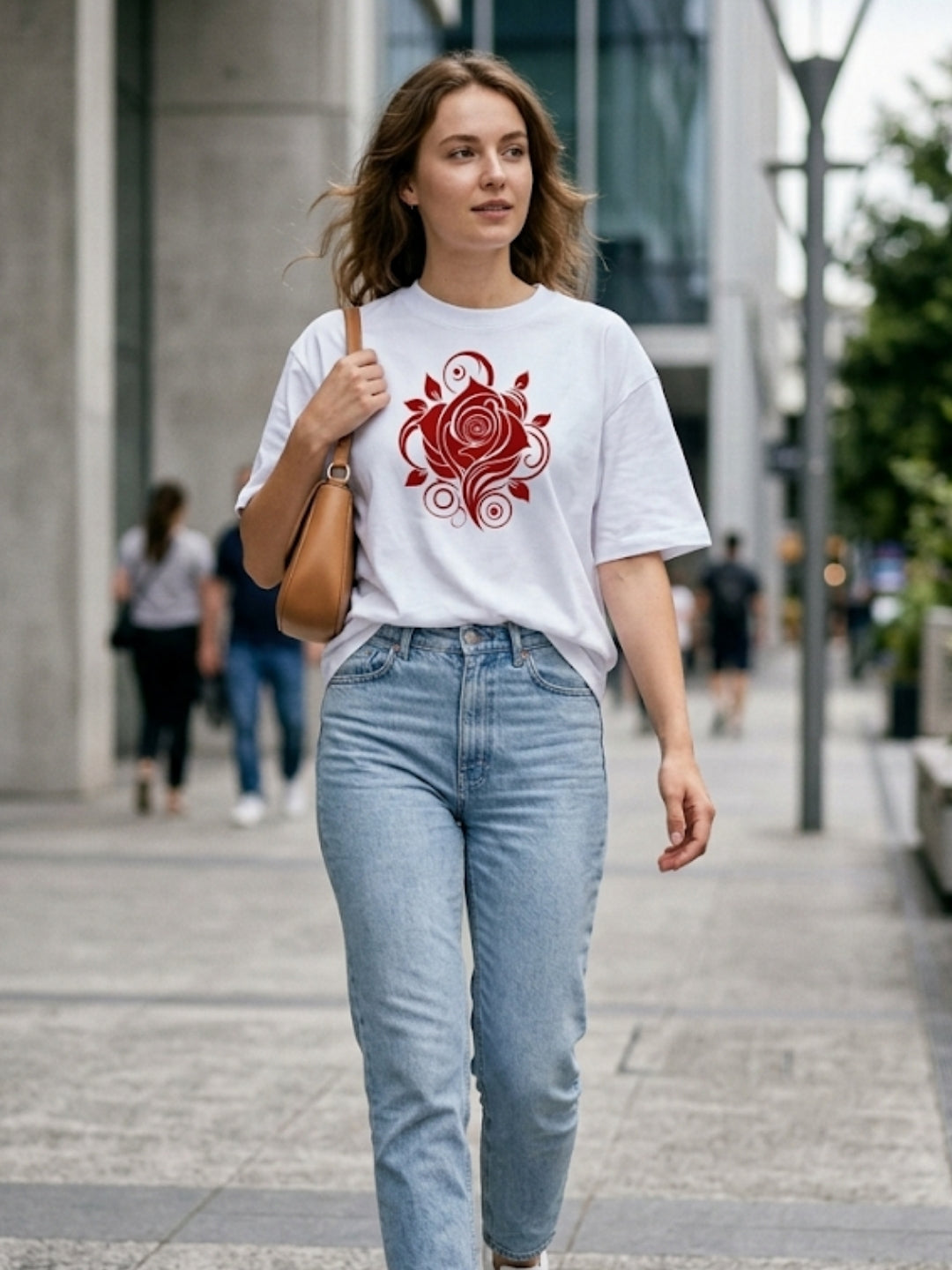 Crimson Rose Swirl Oversized Tee – Women’s White