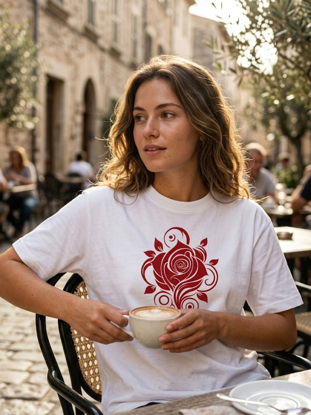 Crimson Rose Swirl Oversized Tee – Women’s White