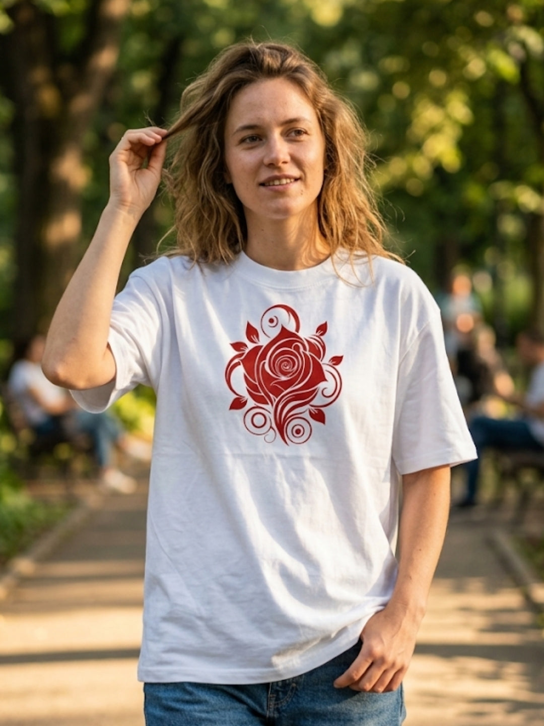 Crimson Rose Swirl Oversized Tee – Women’s White