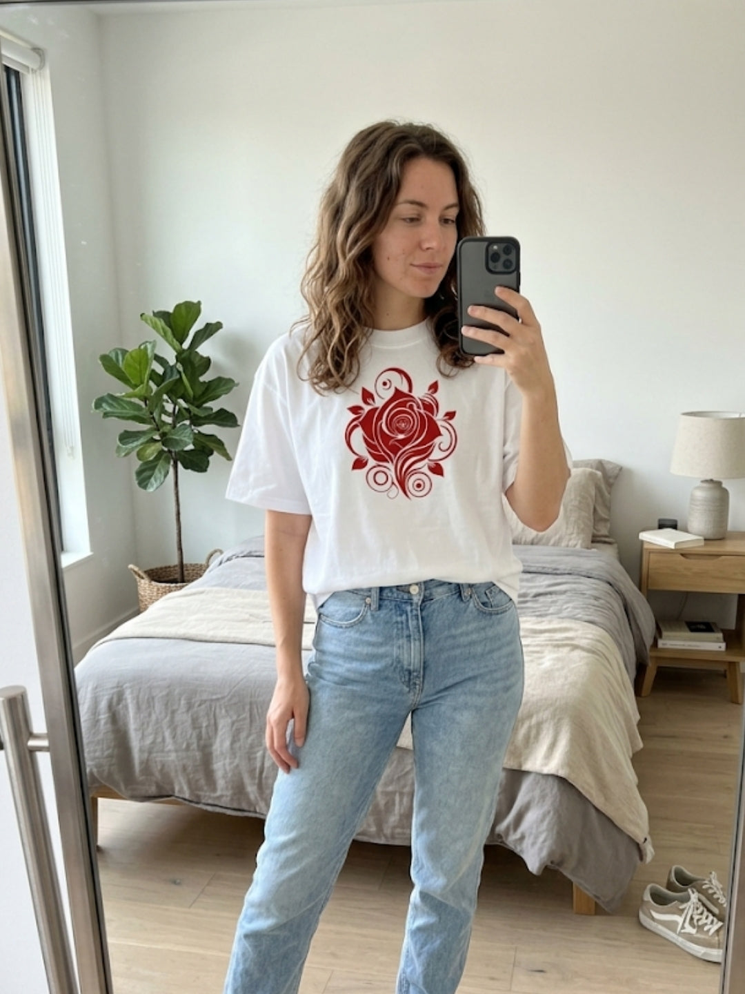 Crimson Rose Swirl Oversized Tee – Women’s White