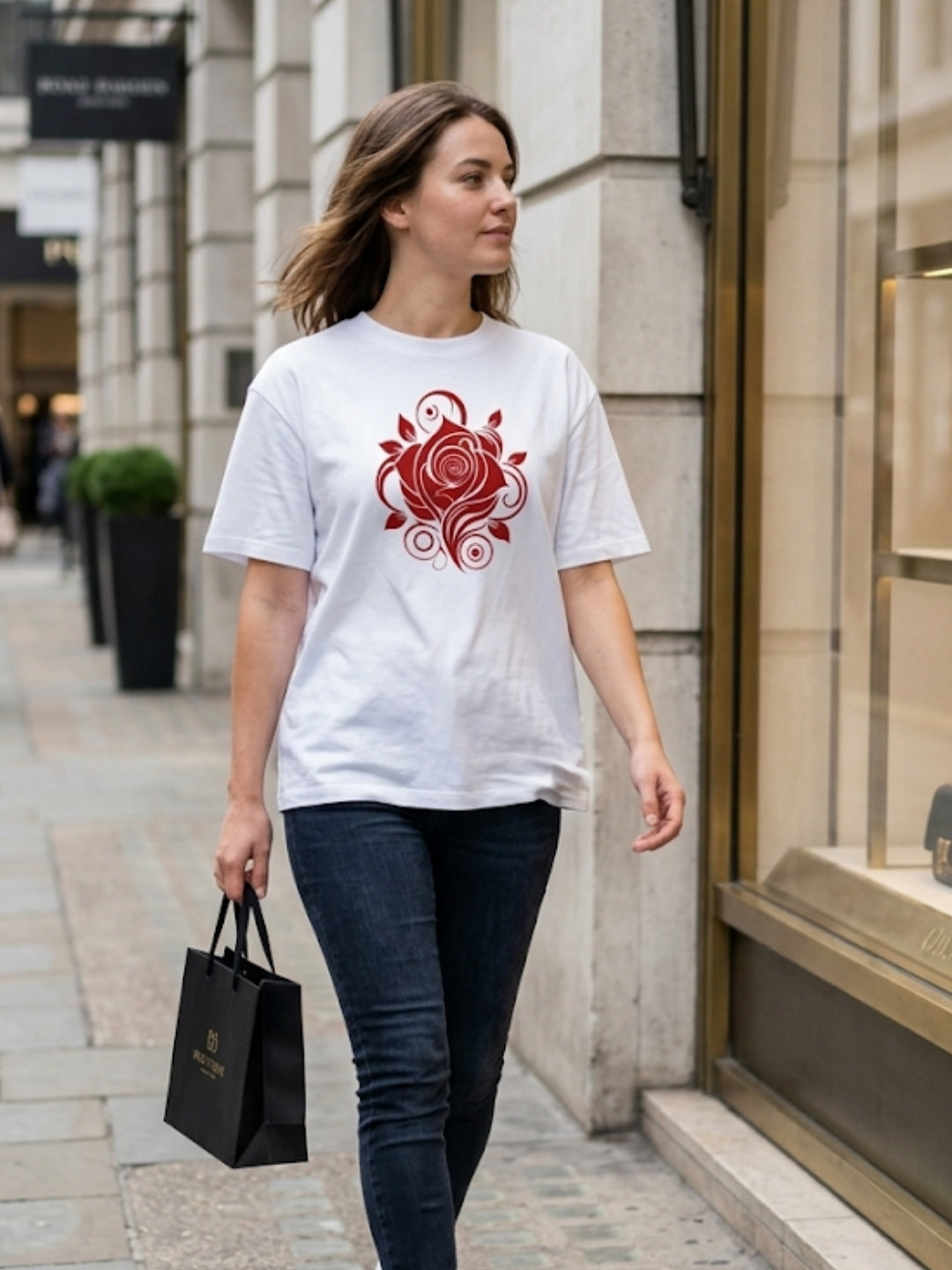 Crimson Rose Swirl Oversized Tee – Women’s White