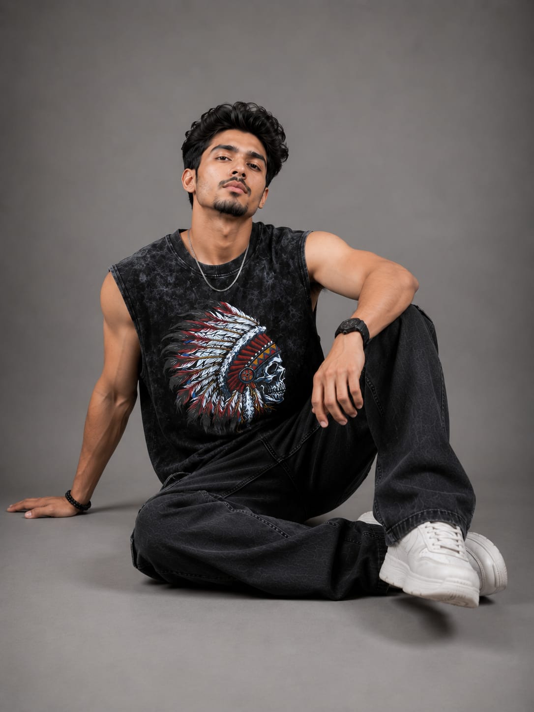 The Modvue Men's Acid Wash Skull Headdress Muscle Tee | Vintage Black Tank Top