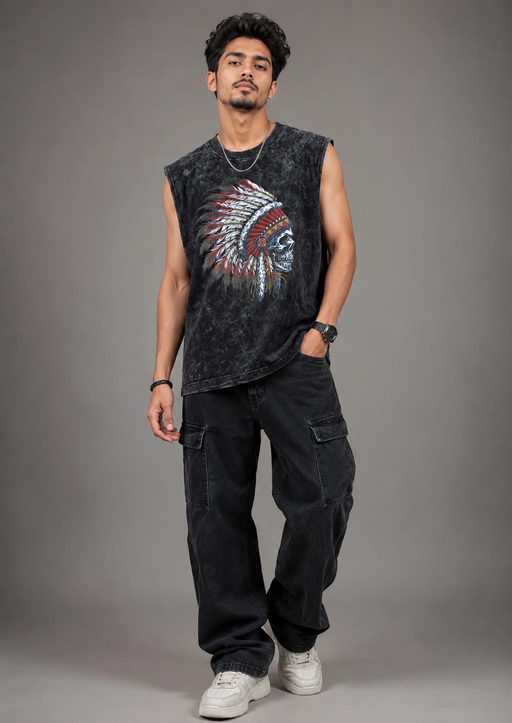 The Modvue Men's Acid Wash Skull Headdress Muscle Tee | Vintage Black Tank Top