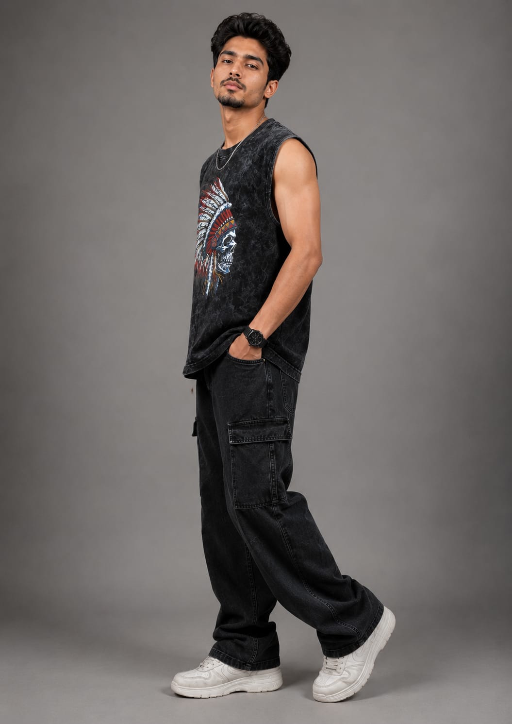 The Modvue Men's Acid Wash Skull Headdress Muscle Tee | Vintage Black Tank Top