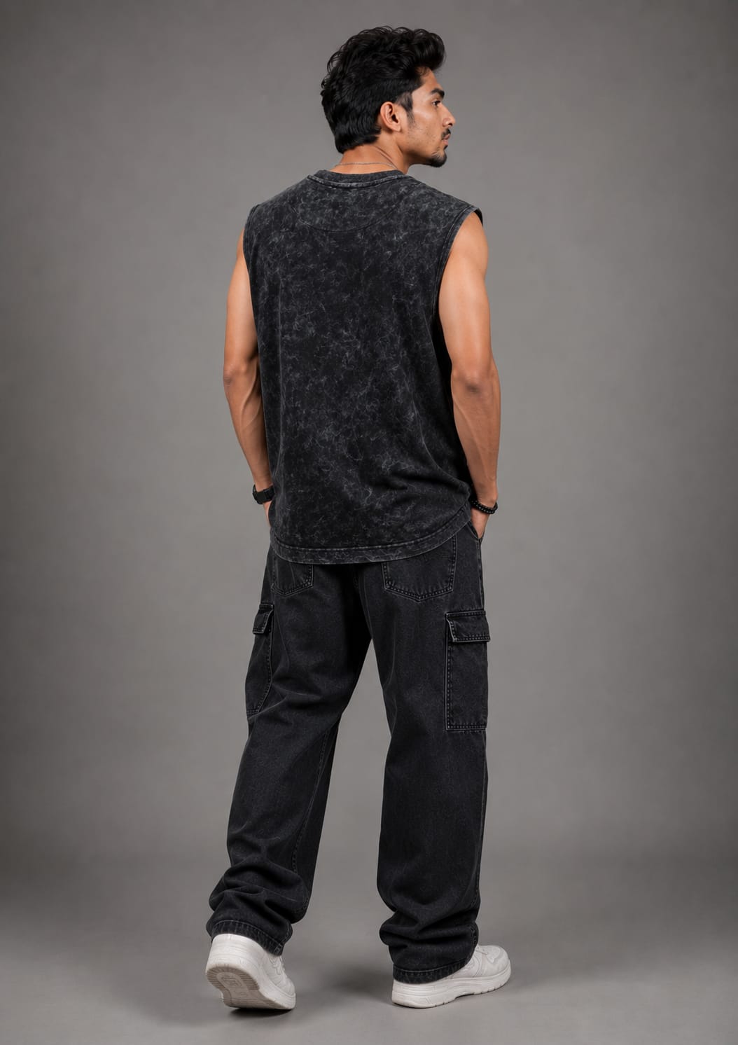 The Modvue Men's Acid Wash Skull Headdress Muscle Tee | Vintage Black Tank Top