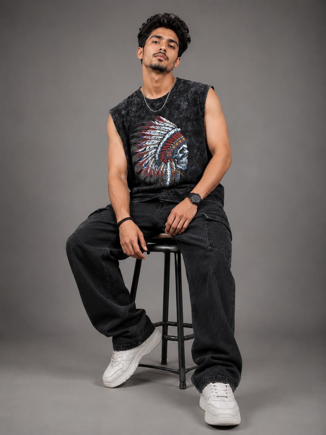 The Modvue Men's Acid Wash Skull Headdress Muscle Tee | Vintage Black Tank Top
