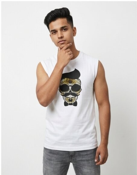The Modvue Men's Hipster Skull Graphic Muscle Tee | White Sleeveless Tank Top