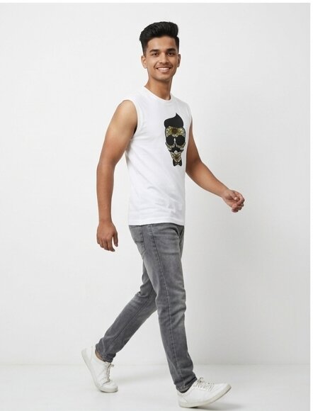 The Modvue Men's Hipster Skull Graphic Muscle Tee | White Sleeveless Tank Top