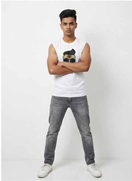 The Modvue Men's Hipster Skull Graphic Muscle Tee | White Sleeveless Tank Top