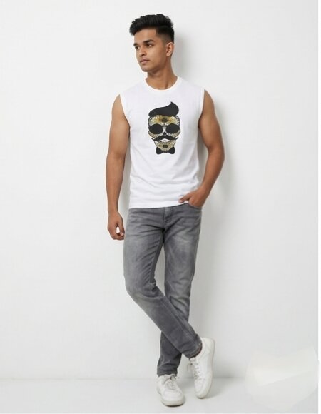 The Modvue Men's Hipster Skull Graphic Muscle Tee | White Sleeveless Tank Top