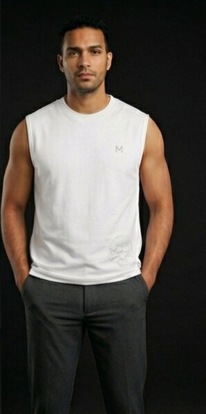 The Modvue Men's Gothic Skull Back Print Muscle Tee | White Sleeveless Tank Top
