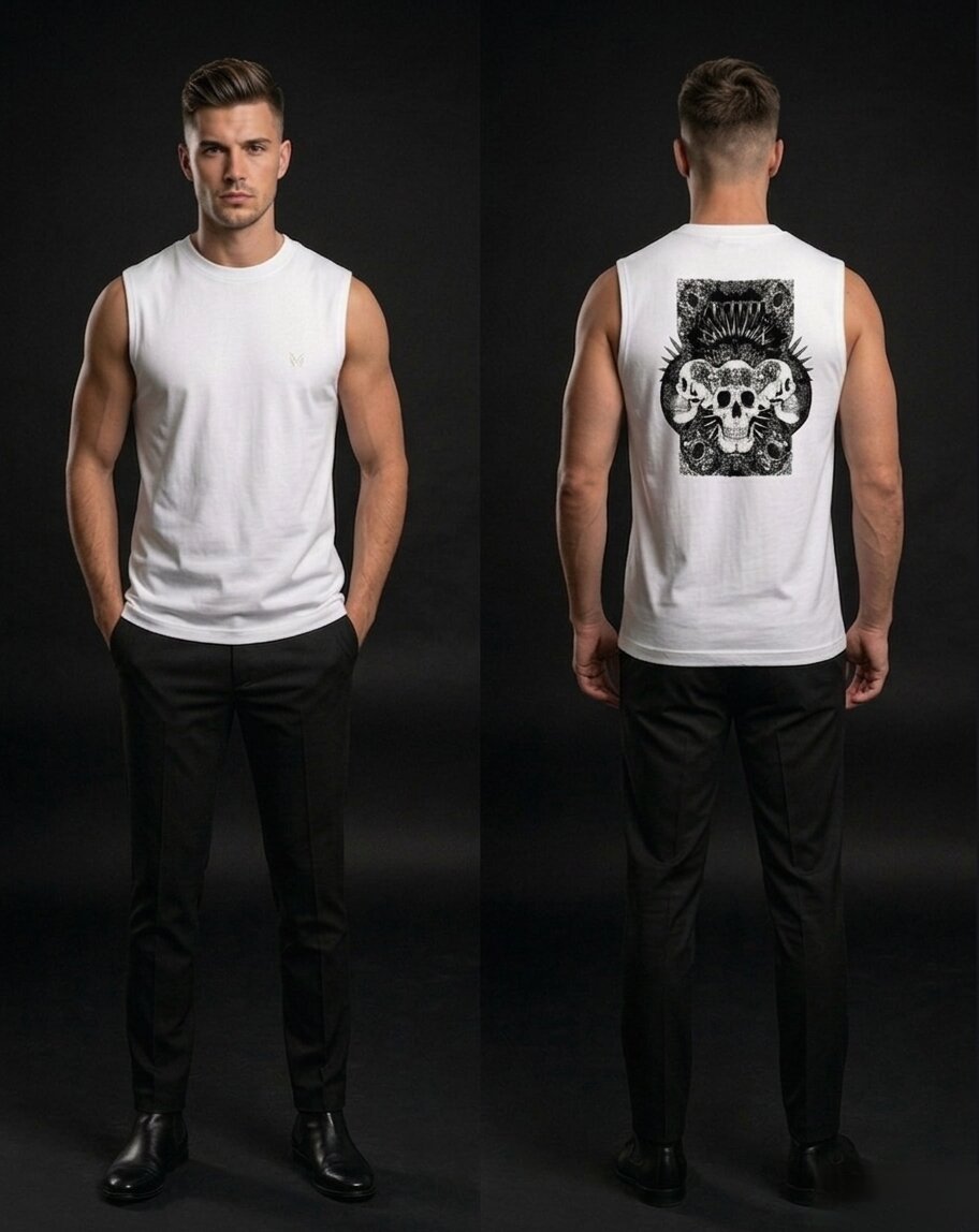 The Modvue Men's Gothic Skull Back Print Muscle Tee | White Sleeveless Tank Top