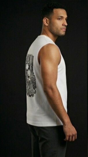 The Modvue Men's Gothic Skull Back Print Muscle Tee | White Sleeveless Tank Top