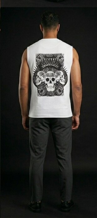 The Modvue Men's Gothic Skull Back Print Muscle Tee | White Sleeveless Tank Top
