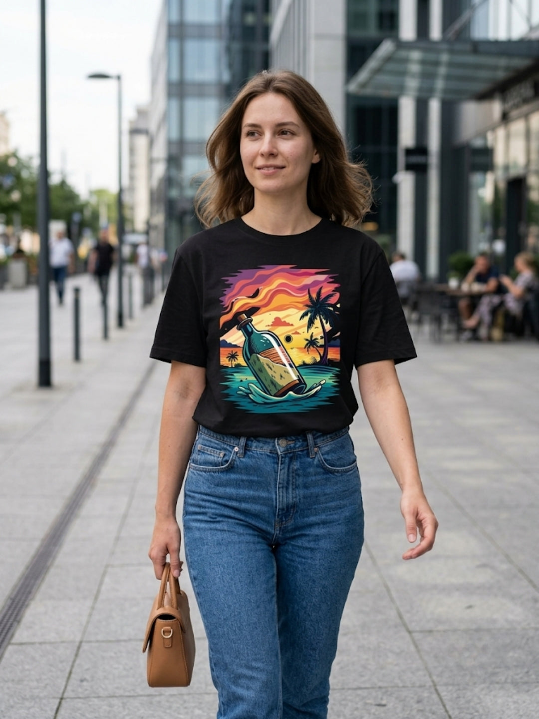 Message in a Bottle Tropical Sunset Oversized Tee – Women’s Black
