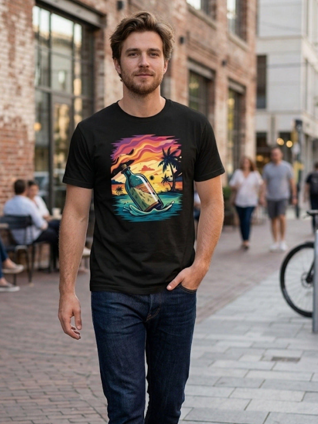 Message in a Bottle Tropical Sunset Oversized Tee – Men’s Black