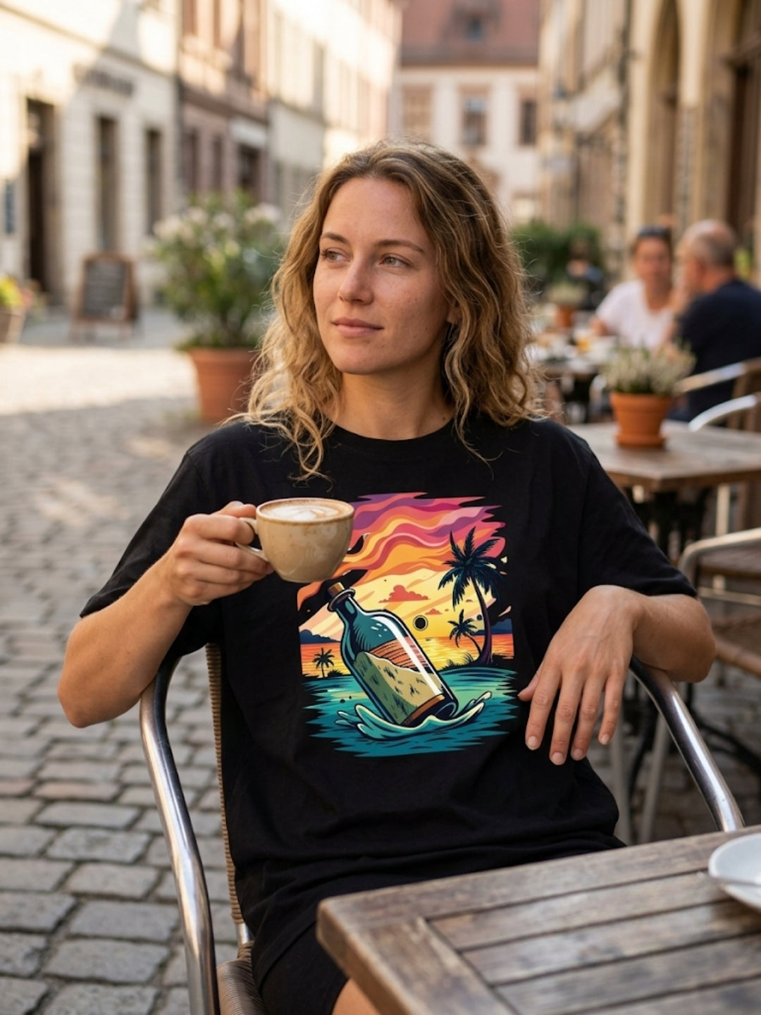 Message in a Bottle Tropical Sunset Oversized Tee – Women’s Black