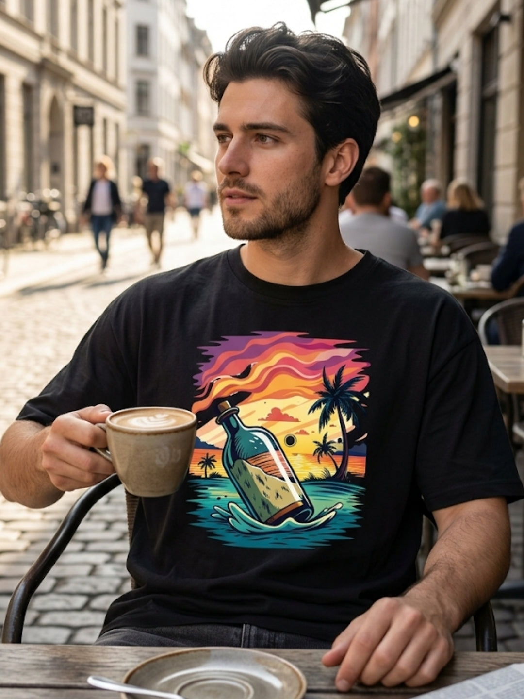Message in a Bottle Tropical Sunset Oversized Tee – Men’s Black