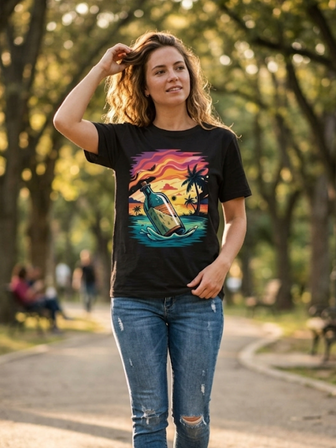 Message in a Bottle Tropical Sunset Oversized Tee – Women’s Black